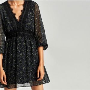 Zara Floral Long Sleeve Lace Trim Mini Dress XS